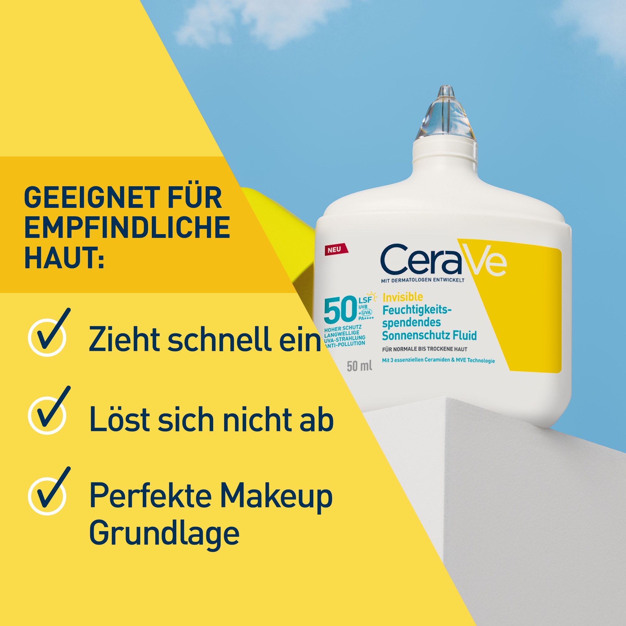 CeraVe Invisible Sonnenschutz Fluid LSF 50. Text: Geeignet für empfindliche Haut. Zieht schnell ein.